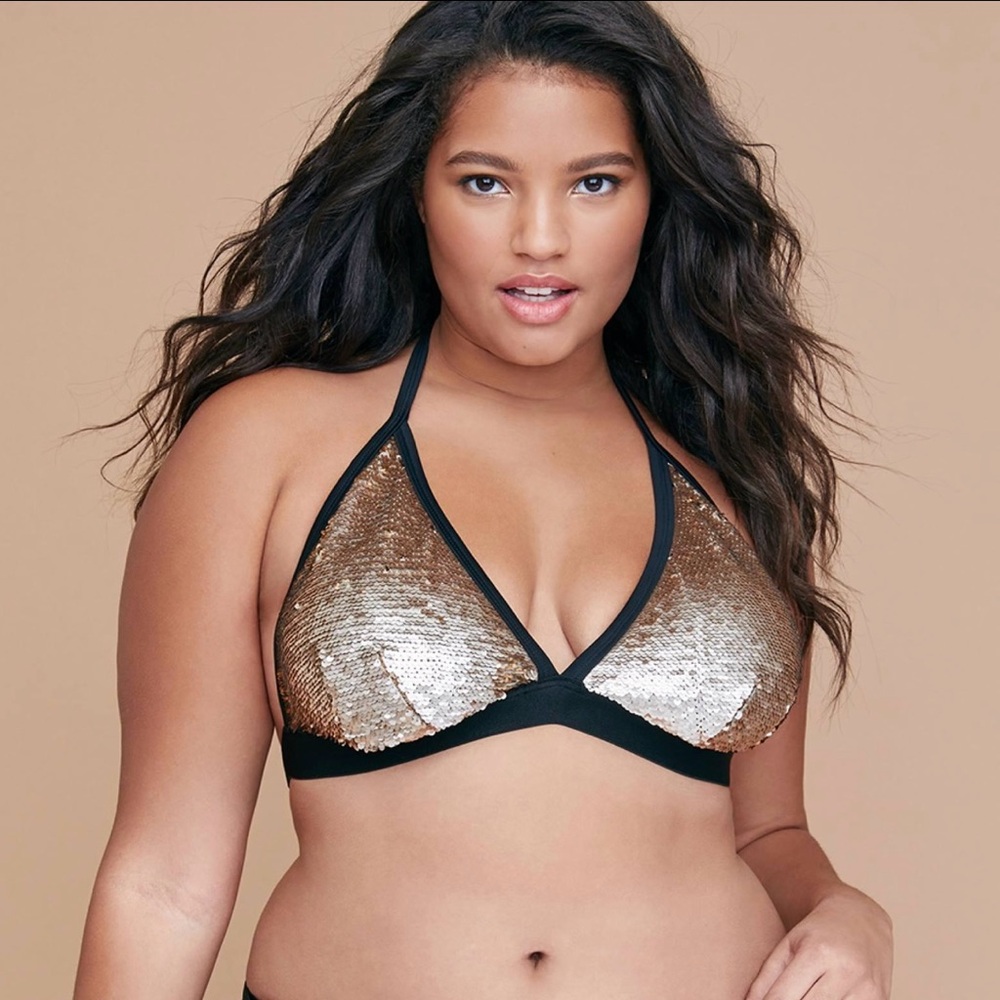 Swim by Cacique (Lane Bryant). Gold sequined bikini top, size 16.